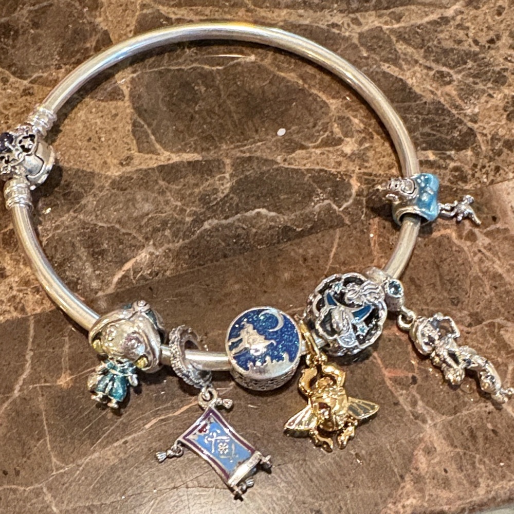 Pandora Silver Charm Bracelet with Blue and Gold Accents